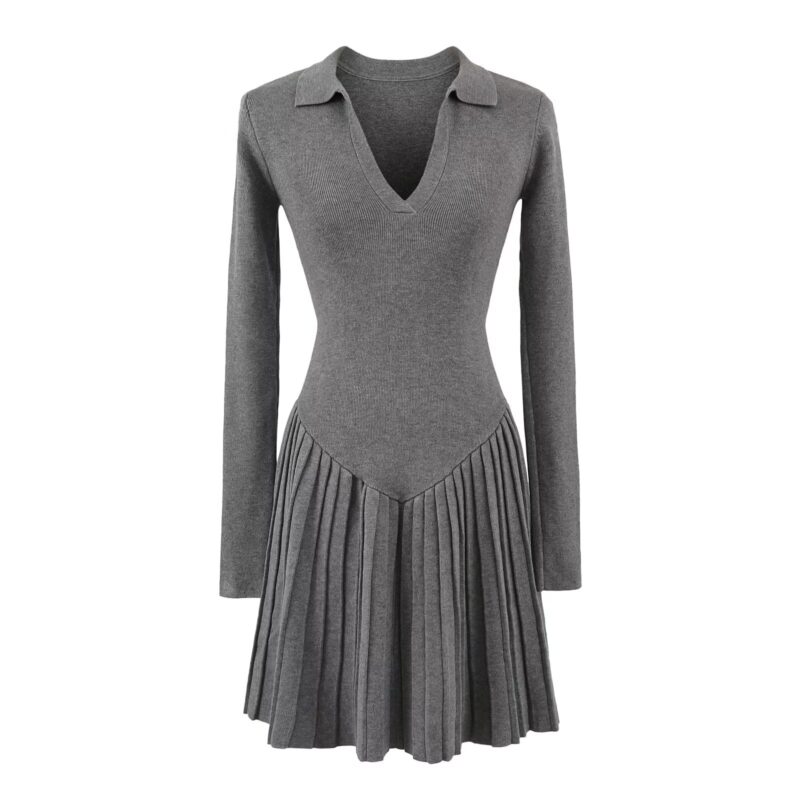 Collared Pleated long sleeve knit dress  #C008