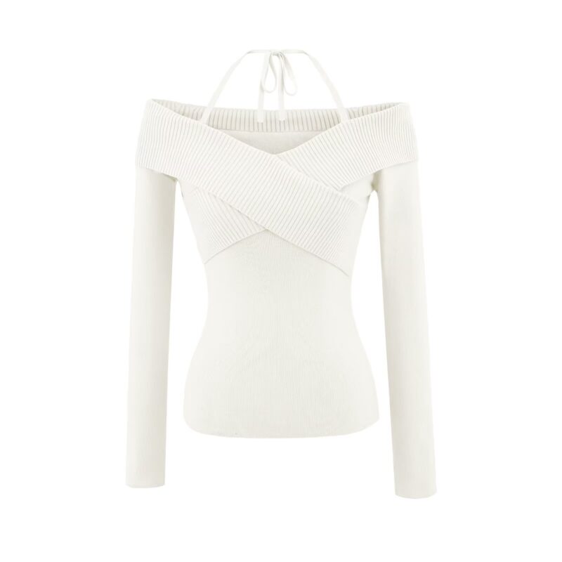 Off shoulder crisscross ribbed knit top with straps  #C014