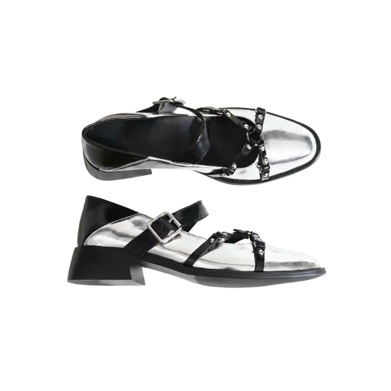 Gothic Mary Jane block heel flats with rivets  #S031